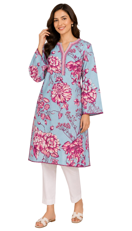 Sky Blue & Pink Floral Printed Cotton Straight Kurta - Cotton - Size: XS