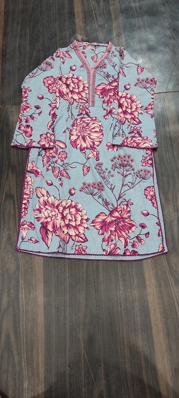 Sky Blue & Pink Floral Printed Cotton Straight Kurta - Cotton - Size: XS