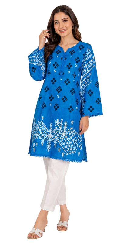 Alkaram Studio Embroidered Blue Cotton Kurti - Cotton - Size: M