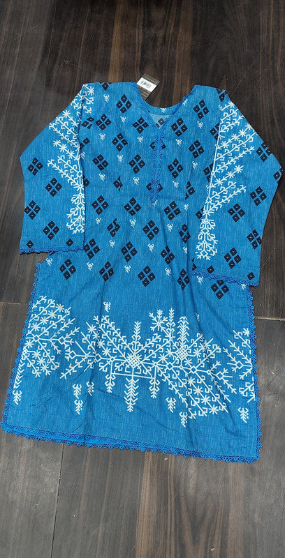 Alkaram Studio Embroidered Blue Cotton Kurti - Cotton - Size: M