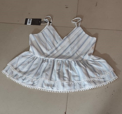Blue & White Striped Sleeveless Babydoll Top with Tassel Hem - Size: XXS