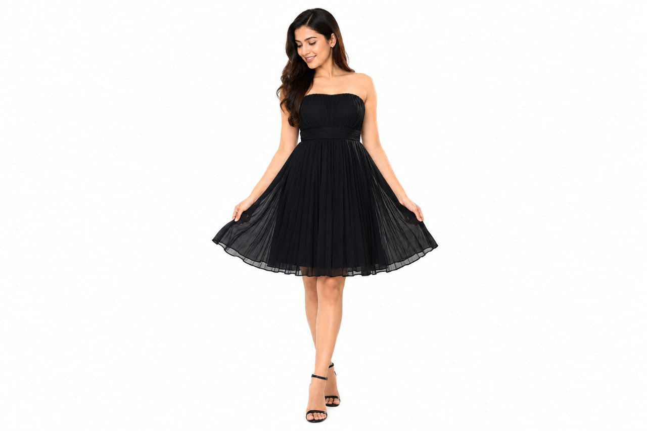 Women's Black Strapless Accordion Pleated Fit & Flare Dress - Size: S