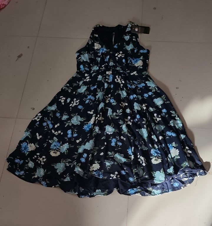 Navy Blue Floral Print Fit and Flare Western Dress - Size: S