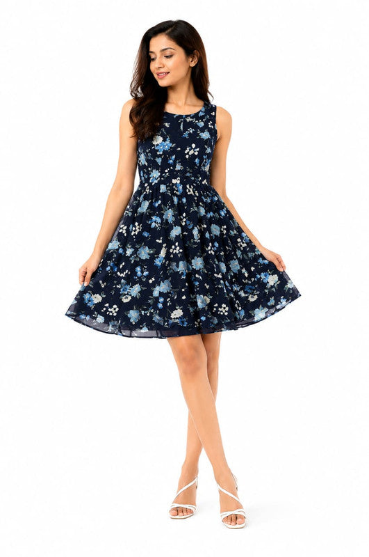 Navy Blue Floral Print Fit and Flare Western Dress - Size: S