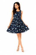 Navy Blue Floral Print Fit and Flare Western Dress - Size: S