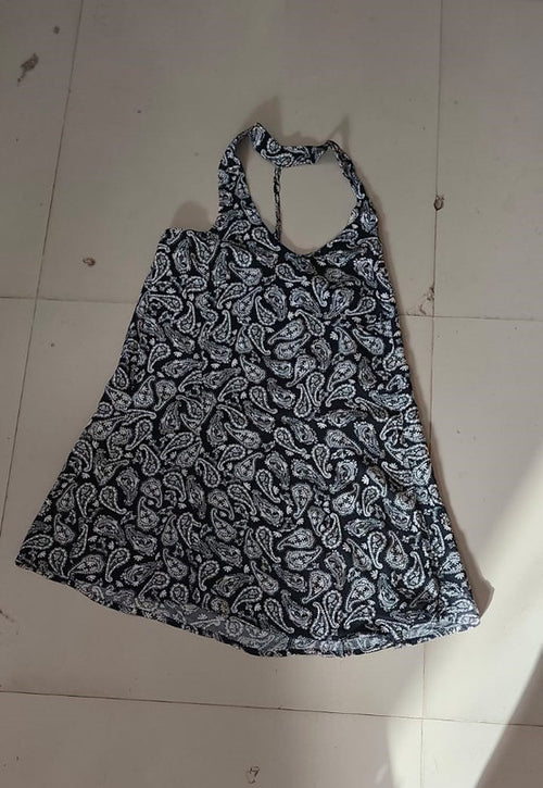 Black & White Paisley Print Halter Neck A-Line Dress - Size: XXS