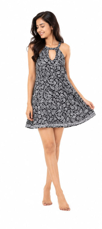 Black & White Paisley Print Halter Neck A-Line Dress - Size: XXS