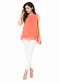 Orange Layered Chiffon Sleeveless Blouse - Size: L