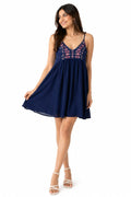 Women's Navy Blue Embroidered V-Neck Fit & Flare Mini Dress - Size: M
