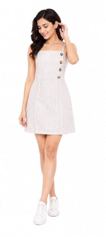 Beige and White Striped Side-Button Mini Dress - Size: XS