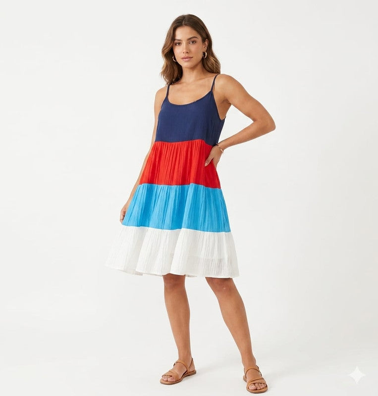 Women's Colourblocked Tiered Cotton Midi Dress - Size: S