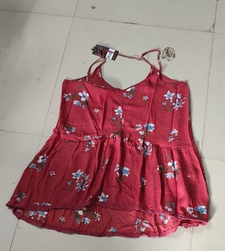 Red Floral Print Peplum Top - Size: L
