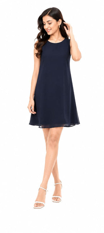Navy Blue Sleeveless A-Line Shift Dress - Size: L