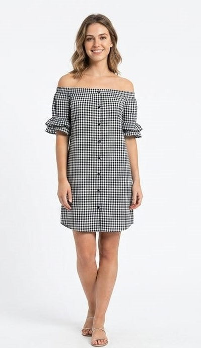 Off-The-Shoulder Gingham Dress - Size: L