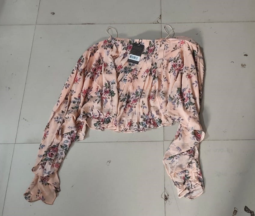 Peach Floral Print Off-Shoulder Blouson Top - Size: L