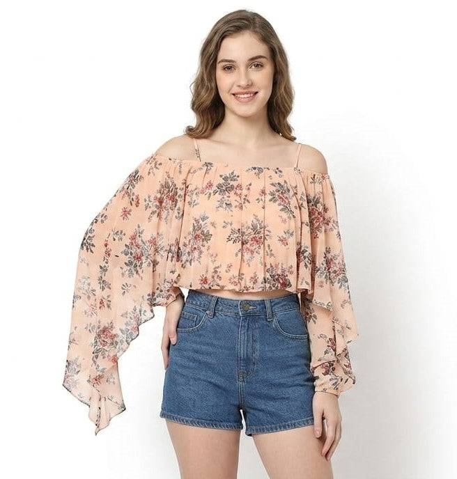 Peach Floral Print Off-Shoulder Blouson Top - Size: L