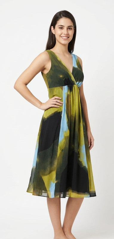 Abstract Print V-Neck Midi Dress - Size: XXS