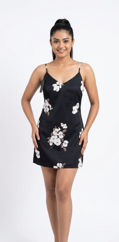Floral Print Satin Mini Dress - Size: XXS