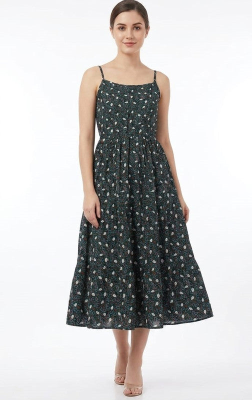 Women's Floral Printed Cotton A-Line Midi Dress - Size: XXS
