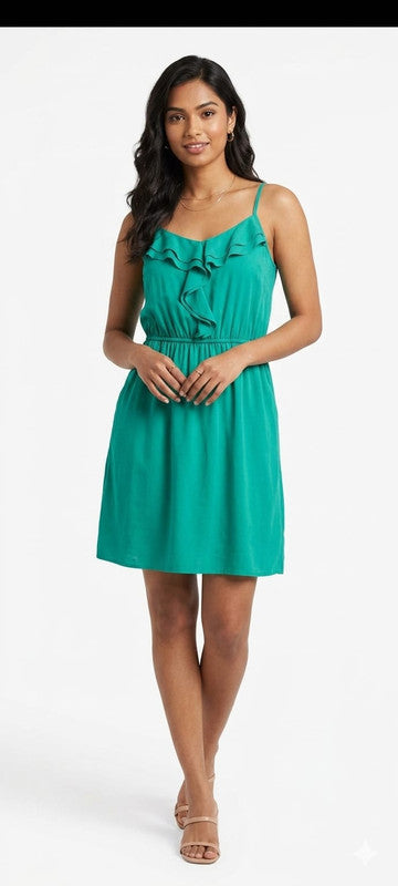 Emerald Green Ruffle Front Mini Dress - Size: XXS