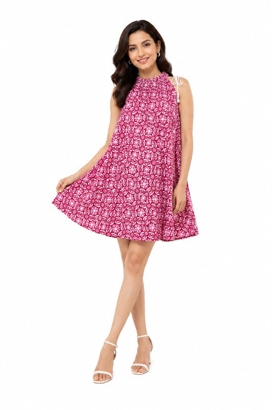 Indietoga Pink Block Print A-Line Dress - Size: L