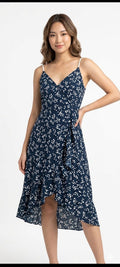 Navy Blue Floral High-Low Wrap Dress - Size: XS