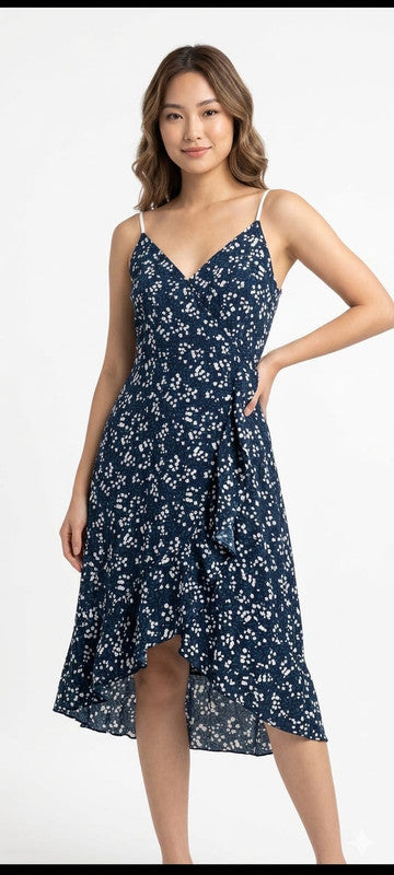 Navy Blue Floral High-Low Wrap Dress - Size: XS