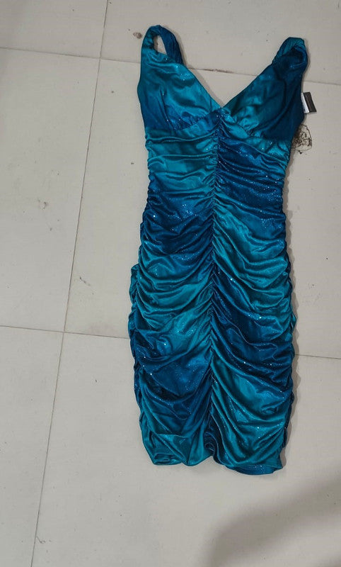 Teal Blue Metallic Ruched Bodycon Dress - Size: S