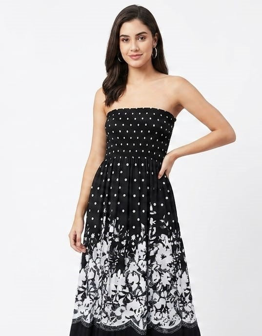 Women's Cerah Black Polka Dot & Floral Print Strapless Flared Midi Dress - Size: XXS