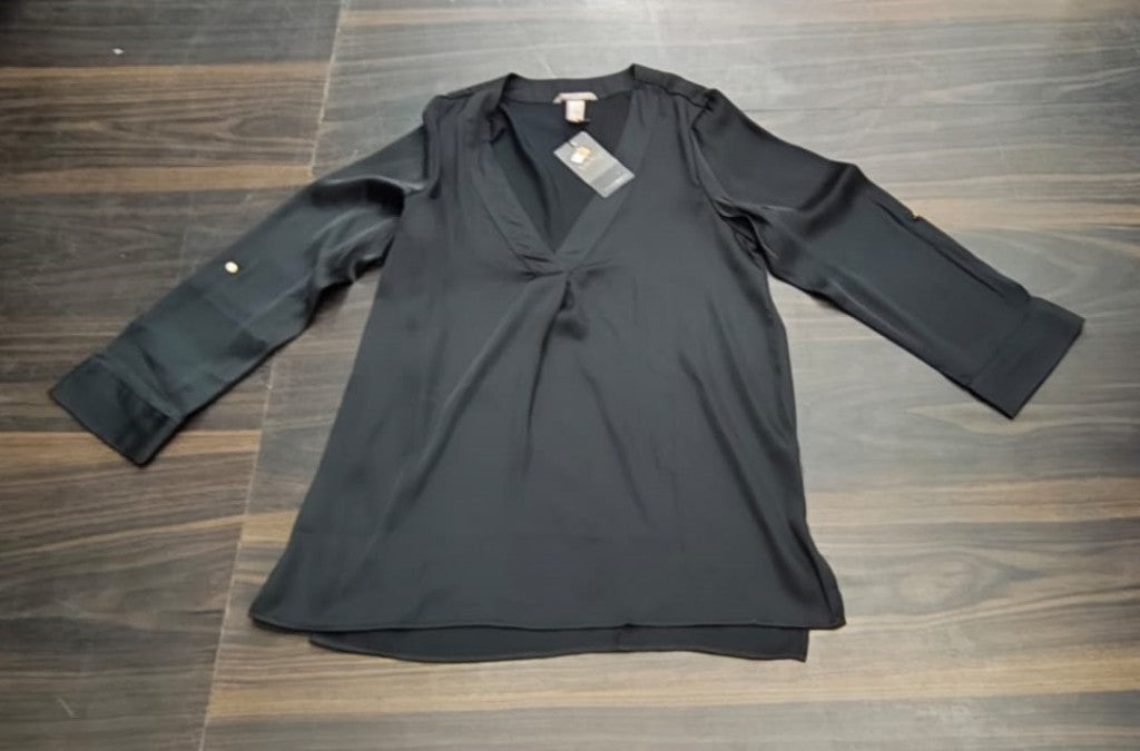 Deep Black V-Neck Pleated Satin Top - Free Size
