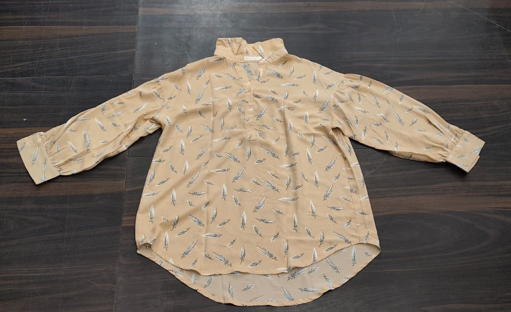 Women's Beige Feather Print Mandarin Collar Top - Free Size