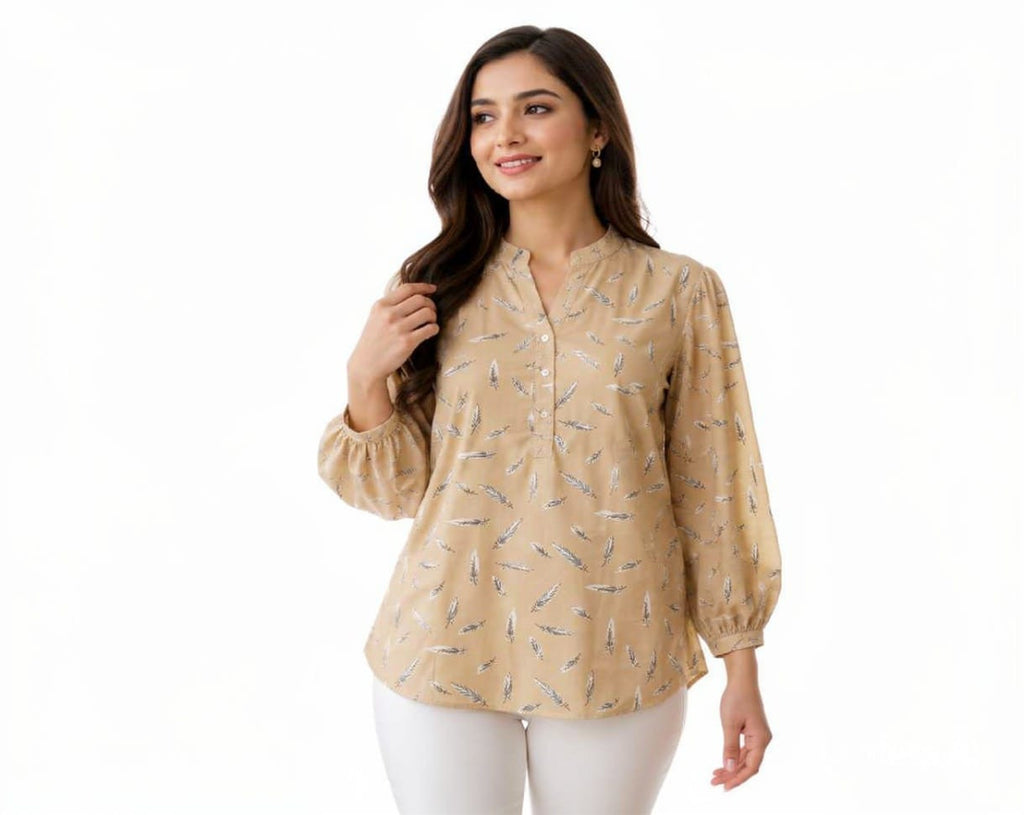 Women's Beige Feather Print Mandarin Collar Top - Free Size