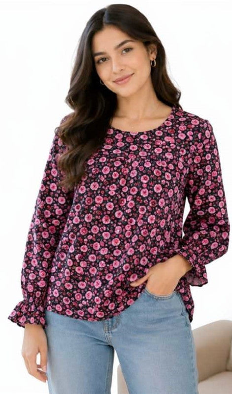 Floral Print Long Sleeve Blouse - Free Size