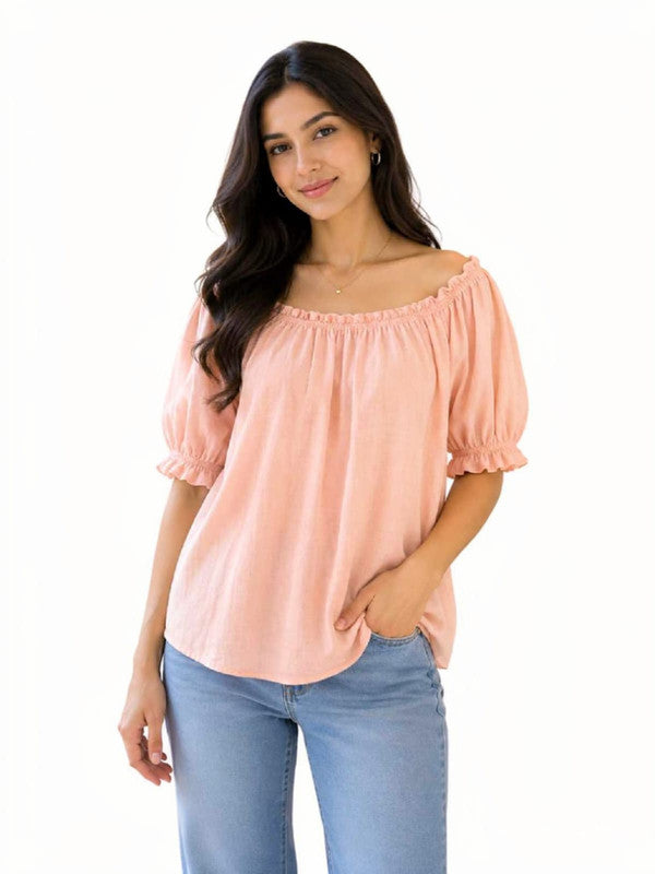 Off-Shoulder Puff Sleeve Bardot Blouse - Free Size