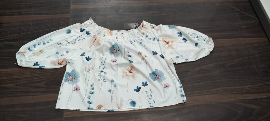 Floral Print Off-Shoulder Smocked Blouse - Free Size