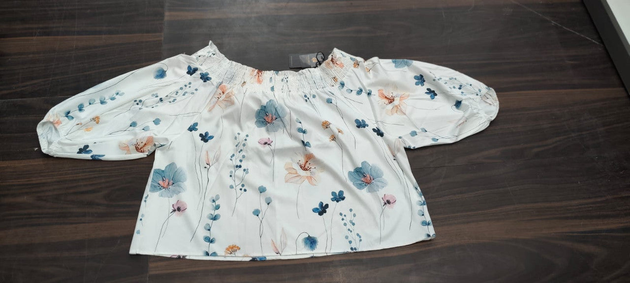 Floral Print Off-Shoulder Smocked Blouse - Free Size