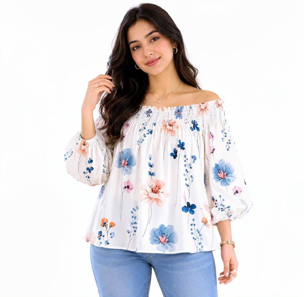 Floral Print Off-Shoulder Smocked Blouse - Free Size