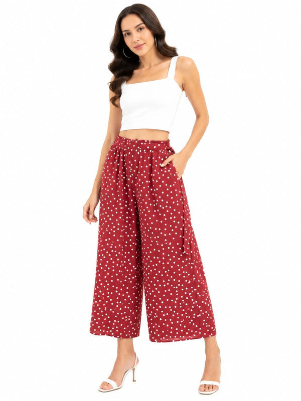 Women's Polka Dot Wide-Leg Palazzo Pants - Maroon - Size: 38