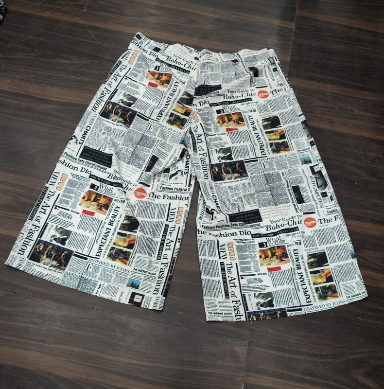 Newspaper Print Wide-Leg Palazzo Pants - White - Size: 48