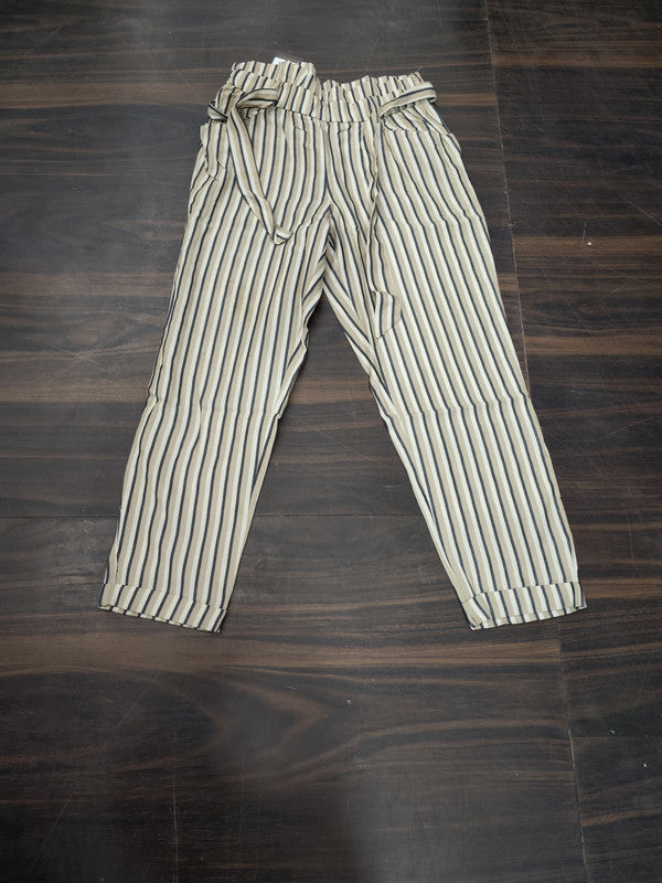 Women's Striped High-Waist Cotton Palazzo Pants with Belt - Beige and Black - Size: 32