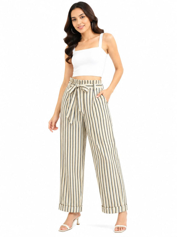 Women's Striped High-Waist Cotton Palazzo Pants with Belt - Beige and Black - Size: 32