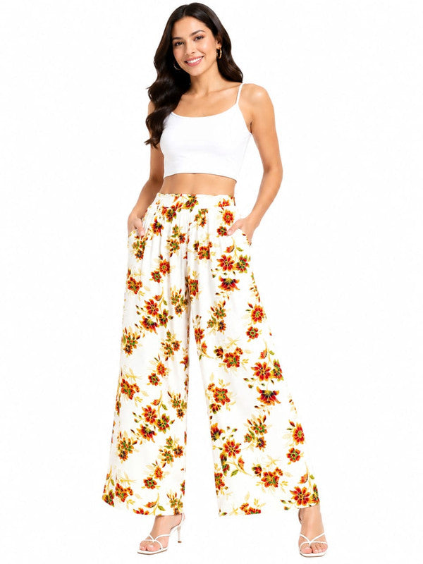 Women's Vibrant Floral Print Palazzo Pants - Yellow - Size: 28