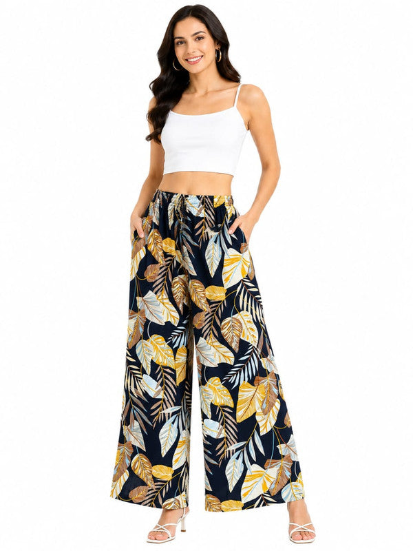 Trendy Women's Tropical Leaf Printed Rayon Palazzo Pants - Multi - Size: 26