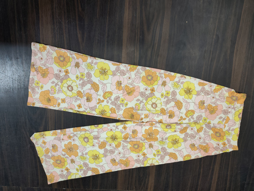 Women's Floral Printed Cotton Wide Leg Palazzo Pants - Retro Bloom Yellow & Orange - Black - Size: 26
