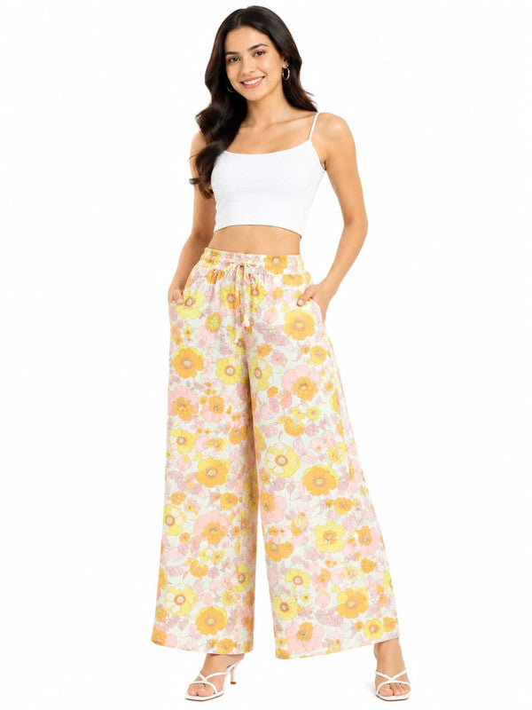 Women's Floral Printed Cotton Wide Leg Palazzo Pants - Retro Bloom Yellow & Orange - Black - Size: 26