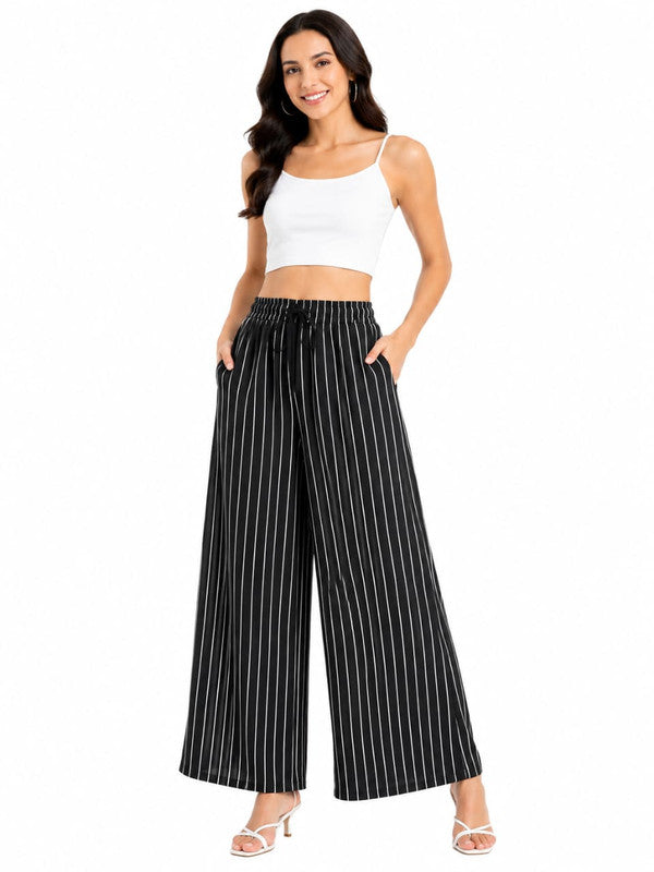 Women's Stylish Black & White Vertical Striped Wide-Leg Palazzo Pants - Black - Size: 26