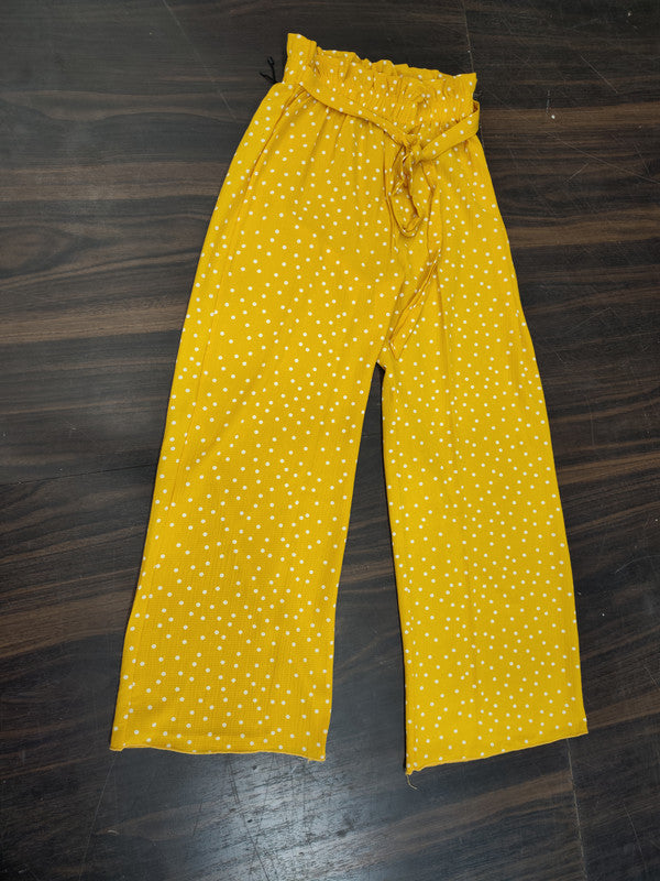 Women's Premium Rayon Mustard Yellow Polka Dot Printed Wide-Leg Palazzo Pants with Belt - Yellow - Size: 26