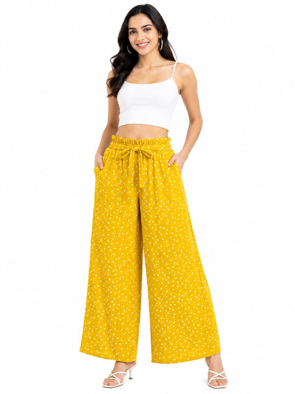 Women's Premium Rayon Mustard Yellow Polka Dot Printed Wide-Leg Palazzo Pants with Belt - Yellow - Size: 26