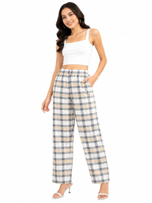 Women’s Stylish Checked Cotton-Blend Relaxed Fit Palazzo - Multi - Size: 26