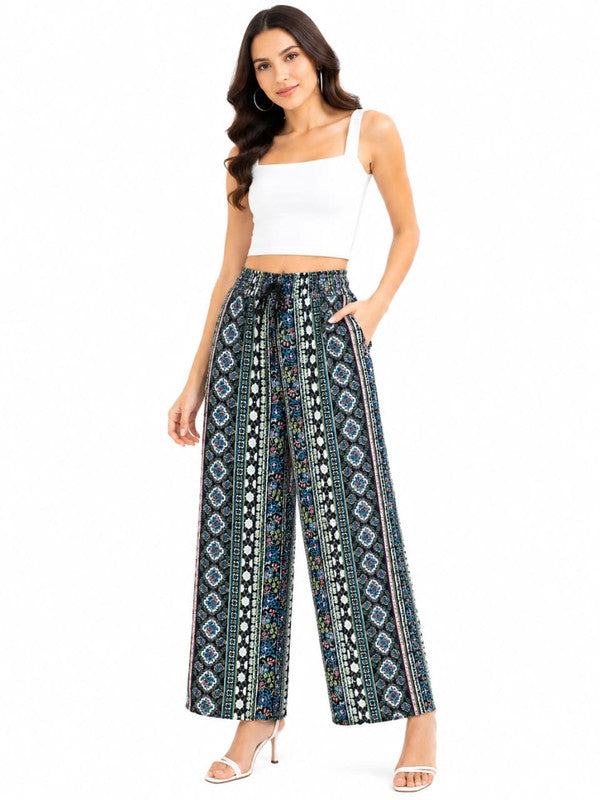 Women's Boho Ethnic Print Wide-Leg Palazzo Pants - Multi - Size: 28